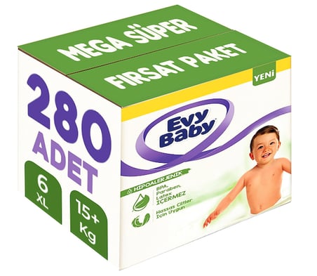 Evy Baby Bebek Bezi Beden:6 (15+KG) Ekstra Large 280 Adet Mega Süper Fırsat Pk