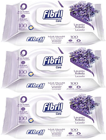 Fibril Islak Havlu Mendil 100 Yaprak Lavanta Plastik Kapaklı (3 Lü Set) 300 Yaprak