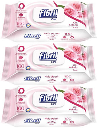 Fibril Islak Havlu Mendil 100 Yaprak Gül Plastik Kapaklı (3 Lü Set) 300 Yaprak