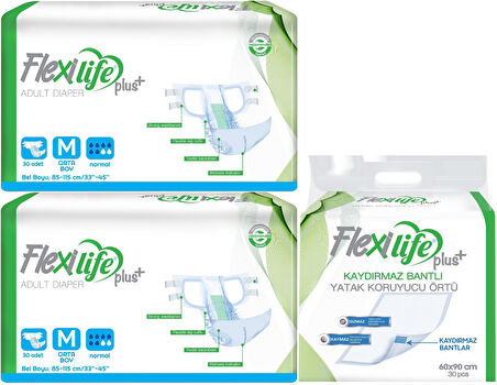 Flexi Life Yetişkin Hasta Bezi Bel Bantlı Tekstil Yüzeyli Orta 60 Adet + Yatak Koruyucu Örtü 30 Adet