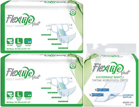 Flexi Life Yetişkin Hasta Bezi Bel Bantlı Tekstil Yüzeyli L 60 Adet + Yatak Koruyucu Örtü 30 Adet