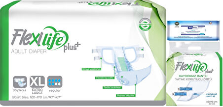 Flexi Life Yetişkin Hasta Bezi Bel Bantlı Tekstil Yüzeyli Ekstra Büyük 30 Adet +Yatak Koruyucu+Havlu