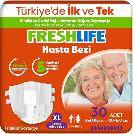 FreshLife Yetişkin Hasta Bezi Bel Bantlı XL - Ekstra Large - Extra Large 150 Adet (5PK*30)