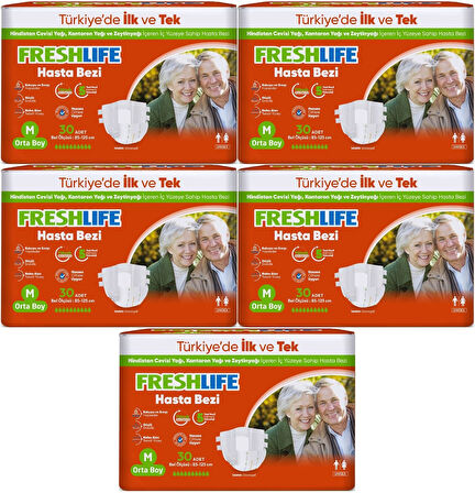FreshLife Yetişkin Hasta Bezi Bantlı M - Medium - Orta 150 Adet (5PK*30)