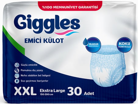 Giggles Yetişkin Bezi Emici Külot Ekstra Büyük (XXL) (Bel Ölçüsü 150 - 200 CM) 60 Adet