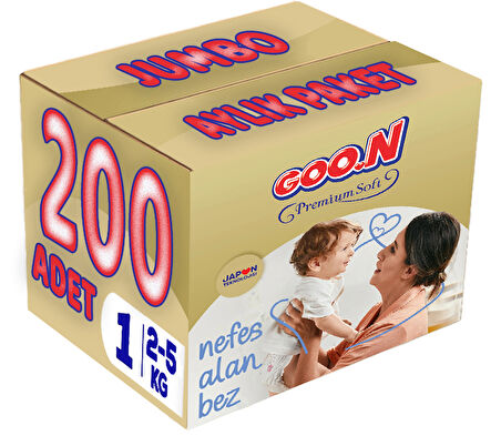 Goon Premium Soft Bebek Bezi Beden:1 (2-5Kg) Yeni Doğan 200 Adet Jumbo Aylık Pk
