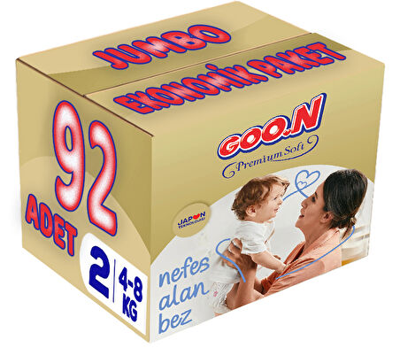 Goon Premium Soft Bebek Bezi Beden:2 (4-8Kg) Mini 92 Adet Jumbo Ekonomik Pk