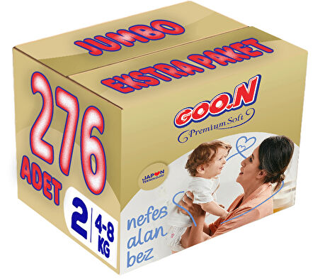 Goon Premium Soft Bebek Bezi Beden:2 (4-8Kg) Mini 276 Adet Jumbo Ekstra Pk