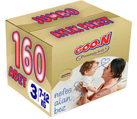 Goon Premium Soft Bebek Bezi Beden:3 (7-12Kg) Midi 160 Adet Jumbo Aylık Pk