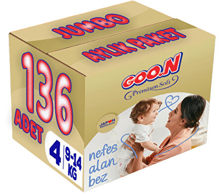 Goon Premium Soft Bebek Bezi Beden:4 (9-14Kg) Maxi 136 Adet Jumbo Aylık Pk