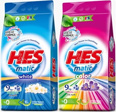 HES Matik Toz Çamaşır Deterjanı Karma 18KG Color/Renkliler-White/Beyazlar (144 Yıkama) (2PK*9KG)