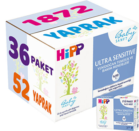 Hipp Baby Sanft Islak Havlu Mendil 52 Yaprak Ultra Sensitive Yenidoğan 36Lı Set (12PK*3) 1872 Yaprak