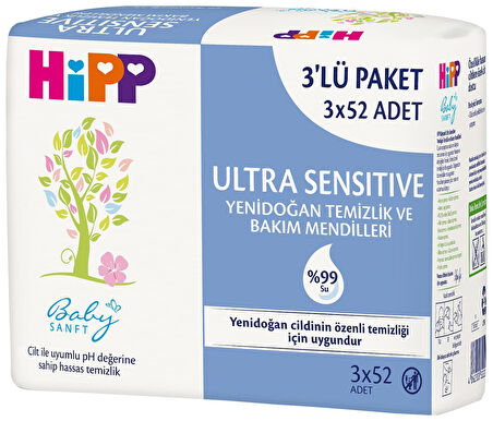 Hipp Baby Sanft Islak Havlu Mendil 52 Yaprak Ultra Sensitive Yenidoğan 36Lı Set (12PK*3) 1872 Yaprak