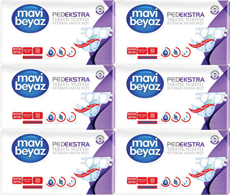 Mavi Beyaz Ped Ekstra Tekstil Yüzeyli Yetişkin Bel Bantlı Hasta Bezi XL Ekstra Büyük 180 Adet