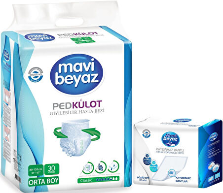 Mavi Beyaz Ped Emici Külot Hasta Bezi M - Medium Orta 30 Adet + Yatak Koruyucu Örtü 60*90CM 30 Adet