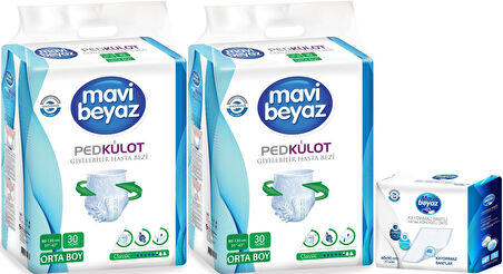 Mavi Beyaz Ped Emici Külot Hasta Bezi M - Medium Orta 60 Adet + Yatak Koruyucu Örtü 60*90CM 30 Adet