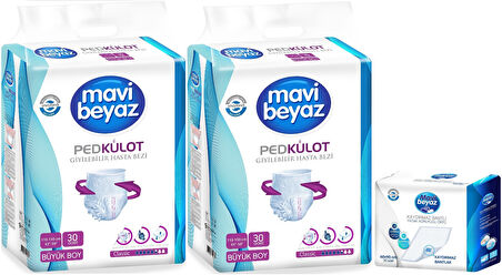 Mavi Beyaz Ped Emici Külot Hasta Bezi L - Large Büyük 60 Adet + Yatak Koruyucu Örtü 60*90CM 30 Adet