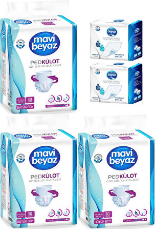 Mavi Beyaz Ped Emici Külot Hasta Bezi L - Large Büyük 90 Adet + Yatak Koruyucu Örtü 60*90CM 60 Adet