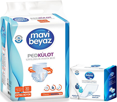 Mavi Beyaz Ped Emici Külot Hasta Bezi XL-Ekstra Büyük 30 Adet + Yatak Koruyucu Örtü 60*90CM 30 Adet