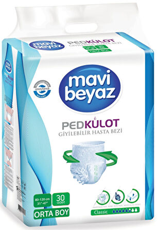Mavi Beyaz Ped Emici Külot Hasta Bezi M 30 Adet + Yatak Koruyucu 30 Adet + Temizleme Havlusu 1 Pk