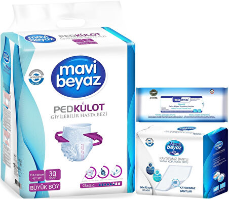 Mavi Beyaz Ped Emici Külot Hasta Bezi L 30 Adet + Yatak Koruyucu 30 Adet + Temizleme Havlusu 1 Pk