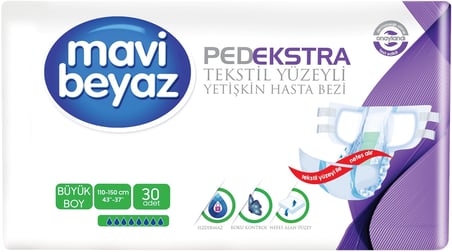 Mavi Beyaz Ped Ekstra Tekstil Yüzeyli Yetişkin Bel Bantlı Hasta Bezi L 30 Adet+ Yatak Korucu + Havlu
