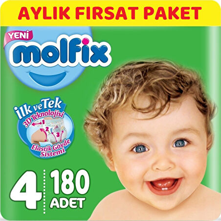 Molfix Bebek Bezi Beden:4 (7-14Kg) Maxi 186 Adet Aylık Fırsat Pk + 9 Adet Islak Havlu