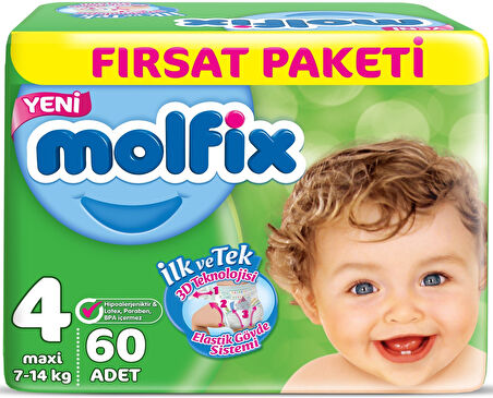 Molfix Bebek Bezi Beden:4 (7-14Kg) Maxi 186 Adet Aylık Fırsat Pk + 9 Adet Islak Havlu