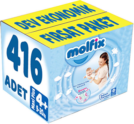 Molfix Bebek Bezi Beden:4+ (9-20Kg) Maxi Plus 416 Adet Dev Ekonomik Fırsat Pk