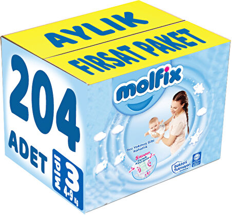 Molfix Bebek Bezi Beden:3 (4-9Kg) Midi 204 Adet Aylık Fırsat Pk
