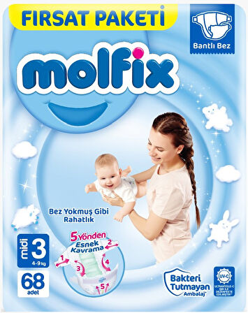 Molfix Bebek Bezi Beden:3 (4-9Kg) Midi 204 Adet Aylık Fırsat Pk
