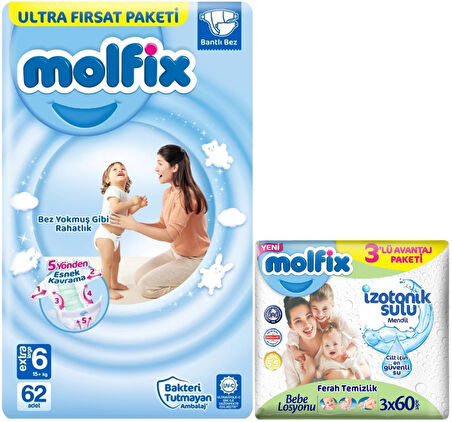 Molfix Bebek Bezi Beden:6 (15+Kg) Extra Large 62 Adet Ultra Fırsat Pk+3 Adet Islak Mendil