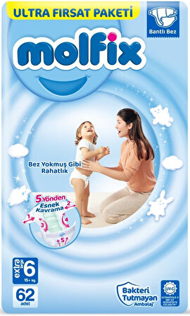 Molfix Bebek Bezi Beden:6 (15+Kg) Extra Large 62 Adet Ultra Fırsat Pk+3 Adet Islak Mendil