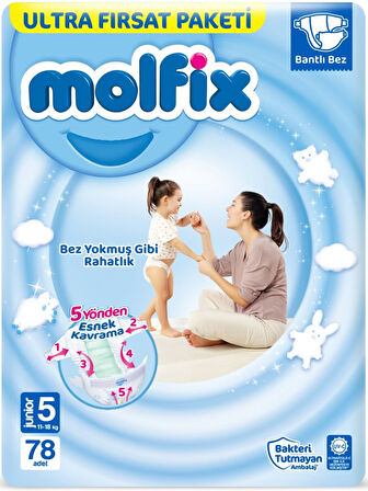 Molfix Bebek Bezi Beden:5 (11-18Kg) Junior 156 Adet Ekonomik Ultra Fırsat Pk+6 Adet Islak Mendil