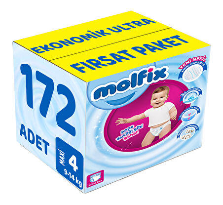 Molfix Külot Bebek Bezi Beden:4 (9-14Kg) Maxi 172 Adet Ekonomik Ultra Fırsat Pk