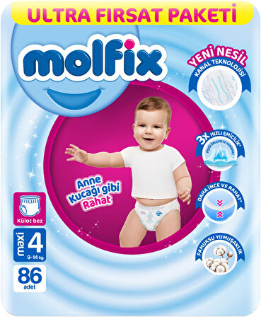Molfix Külot Bebek Bezi Beden:4 (9-14Kg) Maxi 516 Adet Ekstra Ultra Fırsat Pk