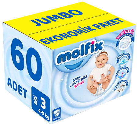 Molfix Bebek Bezi Beden:3 (4-9Kg) Midi 60 Adet Jumbo Ekonomik Pk