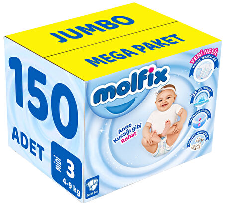 Molfix Bebek Bezi Beden:3 (4-9Kg) Midi 150 Adet Jumbo Mega Pk