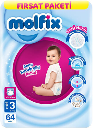 Molfix Külot Bebek Bezi Beden:3 (6-11KG) Midi 128 Adet Ekonomik Fırsat Pk