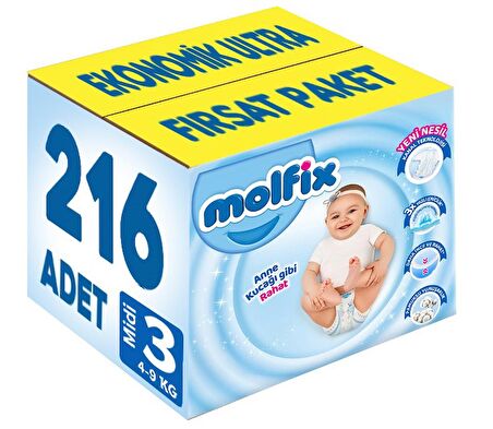 Molfix Bebek Bezi Beden:3 (4-9Kg) Midi 216 Adet Ekonomik Ultra Fırsat Pk