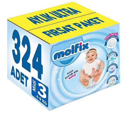 Molfix Bebek Bezi Beden:3 (4-9Kg) Midi 324 Adet Aylık Ultra Fırsat Pk