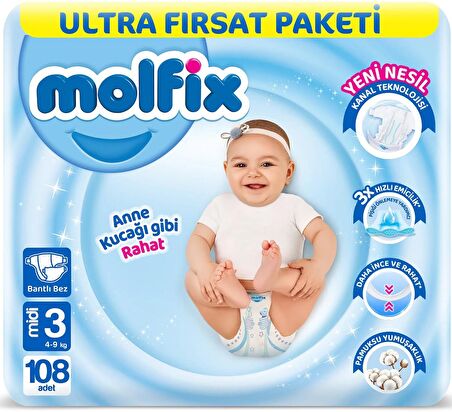 Molfix Bebek Bezi Beden:3 (4-9Kg) Midi 324 Adet Aylık Ultra Fırsat Pk