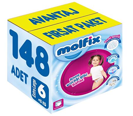 Molfix Külot Bebek Bezi Beden:6 (15+KG) Extra Large 148 Adet Avantaj Fırsat Pk