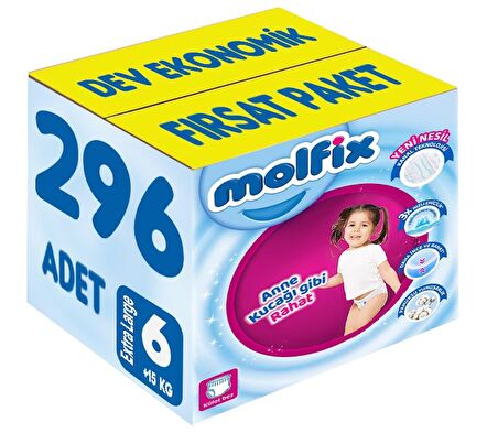 Molfix Külot Bebek Bezi Beden:6 (15+KG) Extra Large 296 Adet Dev Ekonomik Fırsat Pk