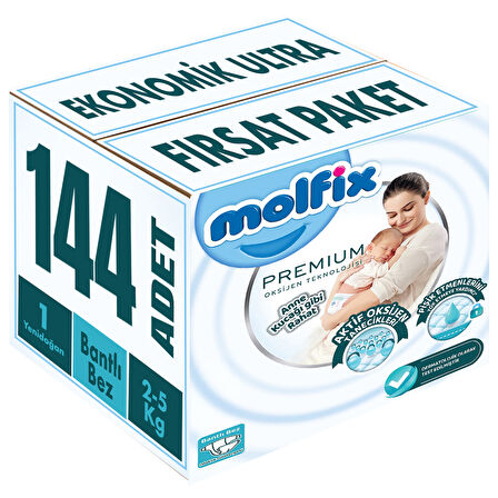 Molfix Premium Bebek Bezi Beden:1 (2-5KG) Yeni Doğan 144 Adet Ekonomik Ultra Fırsat Pk