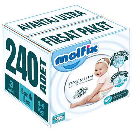 Molfix Premium Bebek Bezi Beden:3 (4-9KG) Midi 240 Adet Avataj Ultra Fırsat Pk