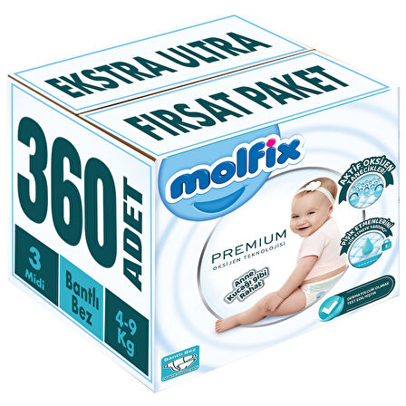 Molfix Premium Bebek Bezi Beden:3 (4-9KG) Midi 360 Adet Ekstra Ultra Fırsat Pk