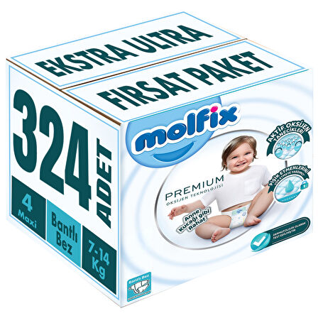 Molfix Premium Bebek Bezi Beden:4 (7-14KG) Maxi 324 Adet Ekstra Ultra Fırsat Pk