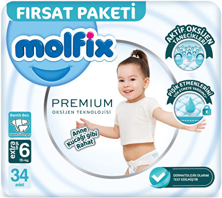 Molfix Premium Bebek Bezi Beden:6 (15+KG) Extra Large 68 Adet Ekonomik Ultra Fırsat Pk