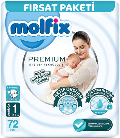 Molfix Premium Bebek Bezi Beden:1 (2-5KG) Yeni Doğan 72 Adet Fırsat Pk + 3 Adet Islak Mendil